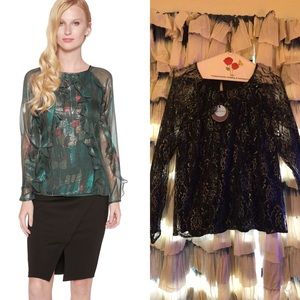 Eva Franco Margo lace ruffle blouse metallic green